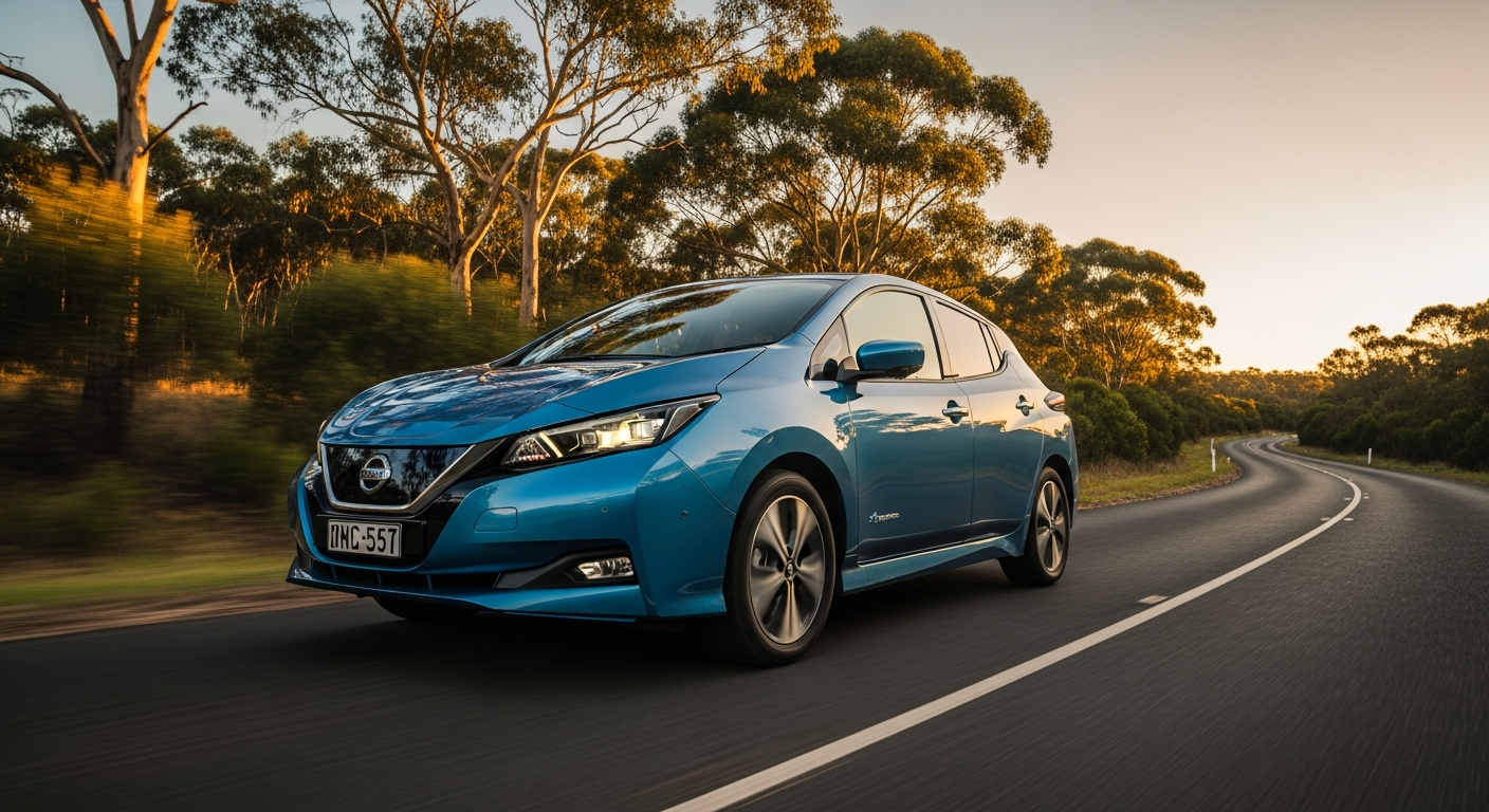A metallic blue Nissan Leaf e+ driving along a scenic Australian country road at sunset.